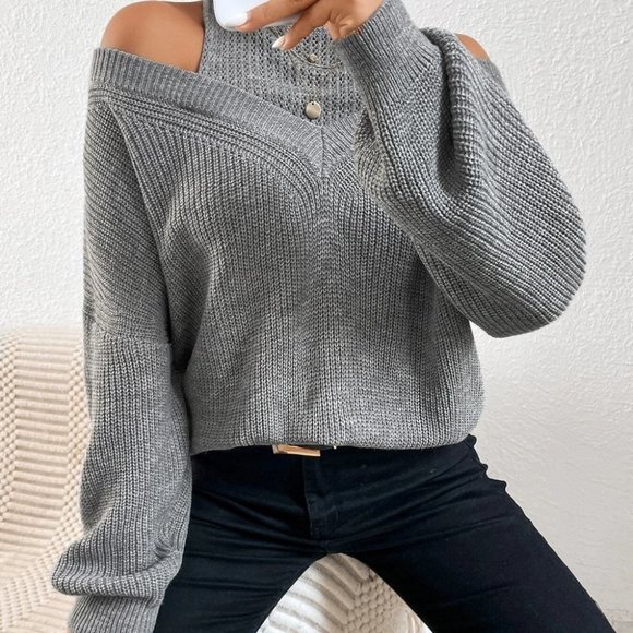 Cold Shoulder Lantern Sleeve Sweater gray - Picture 5 of 5